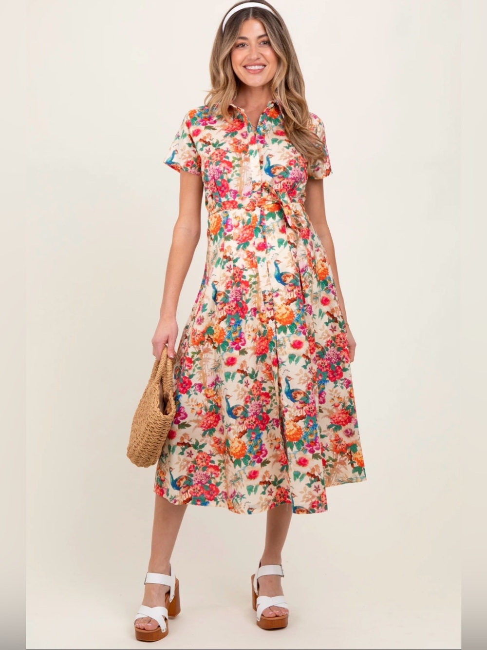 PinkBlush Floral Button-Front Midi Dress in Cream with Multicolor Print